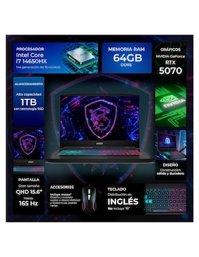 Laptop gamer Msi KT15I-5070Ci7641TM 15.6 pulgadas QHD Intel Core i7 NVIDIA GeForce RTX 5070 64 GB RAM 1 TB SSD