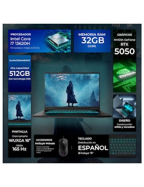 Laptop gamer Gigabyte GA16E-5050Ci732512M 16 pulgadas WUXGA Intel Core i7 NVIDIA GeForce RTX 5050 32 GB RAM 512 GB SSD