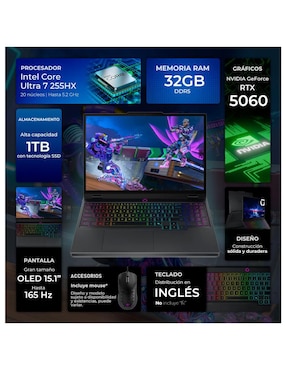 Laptop gamer Lenovo L5iI-5060CU7321TM 15 pulgadas WQXGA Intel Core Ultra 7 255HX NVIDIA GeForce RTX 5060 32 GB RAM 1 TB SSD