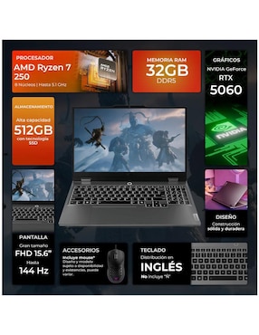 Laptop gamer Lenovo LOQ15I-506032512M 15.6 pulgadas Full HD AMD Ryzen 7 NVIDIA GeForce RTX 5060 32 GB RAM 512 GB SSD