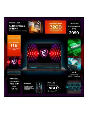 Laptop gamer MSI TH15I-2050R5321M 15.6 pulgadas Full HD AMD Ryzen 5 Nvidia GeForce RTX 2050 32 GB RAM 1 TB SSD
