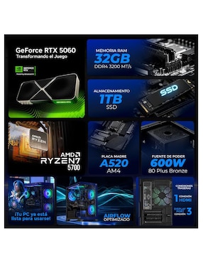 Computadora gamer Xtreme PC Gaming XTPCR732GB5060CHB AMD Ryzen 7 NVIDIA GeForce RTX 5060 32 GB RAM 1 TB SSD