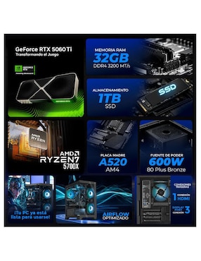 Computadora gamer Xtreme Pc Gaming XTPCR732GB5060TICHG AMD Ryzen 7 NVIDIA GeForce RTX 5060 Ti 32 GB Ram 1 TB SSD