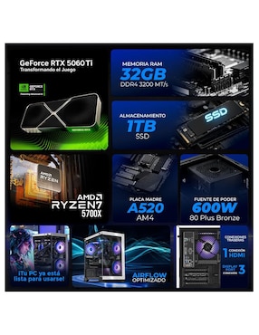 Computadora gamer Xtreme Pc Gaming XTPCR732GB5060TICHBW AMD Ryzen 7 NVIDIA GeForce RTX 5060 Ti 32 GB RAM 1 TB SSD