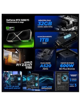 Computadora Gamer Xtreme PC Gaming Xtpcr732gb5060timchg 27 Pulgadas FULL HD AMD Ryzen 7 Nvidia Geforce Rtx 5060 Ti 32 GB RAM 1 TB SSD
