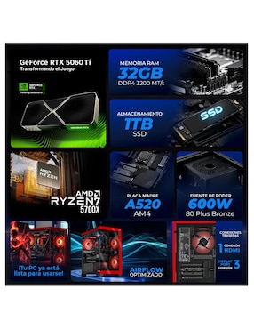 Computadora gamer Xtreme Pc Gaming XTPCR732GB5060TICHR AMD Ryzen 7 NVIDIA GeForce RTX 5060 Ti 32 GB RAM 1 TB SSD