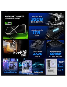 Computadora gamer Xtreme Pc Gaming XTPCR732GB5060TIMCHL 27 pulgadas Full HD AMD Ryzen 7 NVIDIA GeForce RTX 5060 Ti 32 GB RAM 1 TB SSD