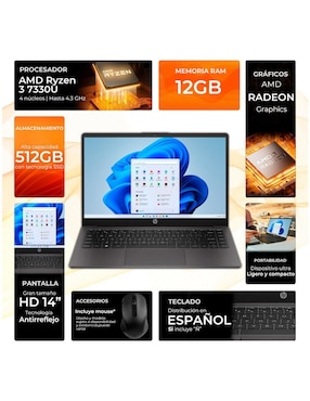 Laptop HP 245e-R312512m 14 pulgadas HD AMD Ryzen 3 Integradas 12 GB RAM 512 GB SSD
