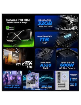 Computadora gamer Xtreme Pc Gaming XTPCR732GB5060MCHL 27 pulgadas Full HD AMD Ryzen 7 NVIDIA GeForce RTX 5060 32 GB RAM 1 TB SSD