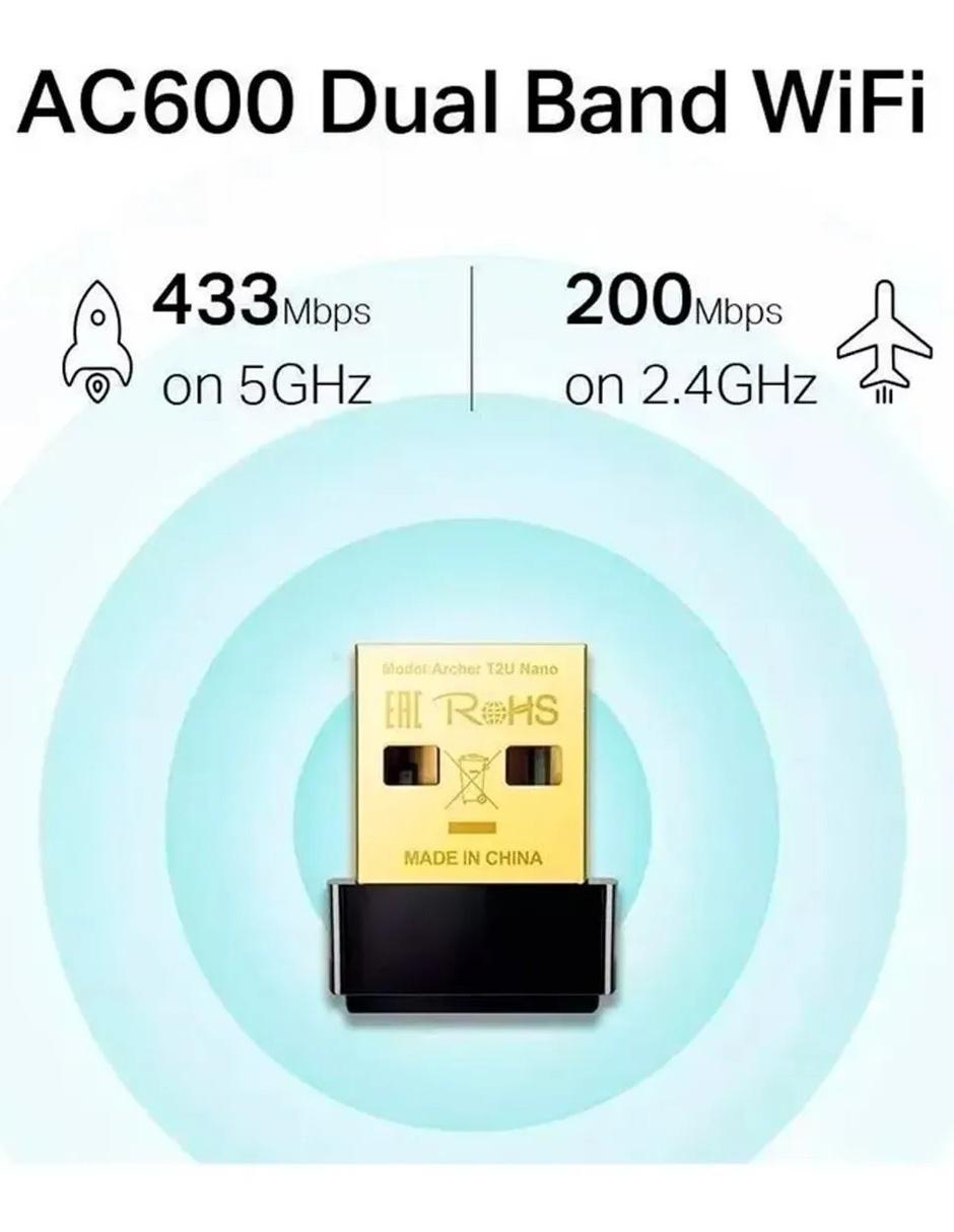 Adaptador Inalámbrico USB TP-Link Archer T2U Nano Dual Band 802.11ac 600Mbps 4