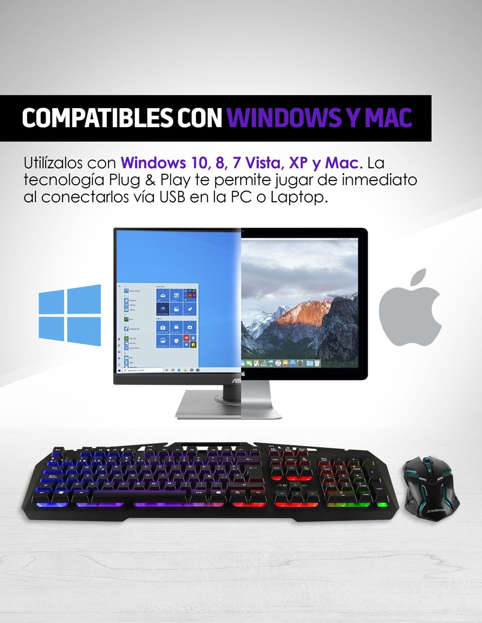 Set Mouse y Teclado Gamer Alámbrico USB con Luz RGB Windows y Mac Redlemon 10
