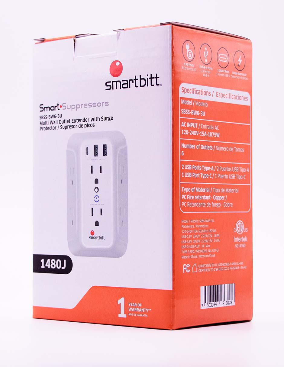 Regleta de pared con supresor de picos marca Smartbitt modelo SBSS-BW6- 3U