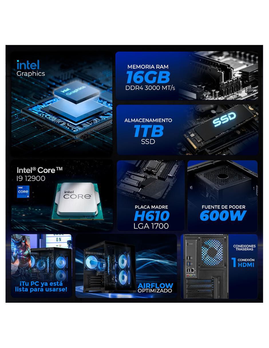 Computadora gamer XTGAI916GBHD750MBV1
27 pulgadas Full HD Intel Core i9 Intel UHD 770 16 GB RAM 1TB SSD 5