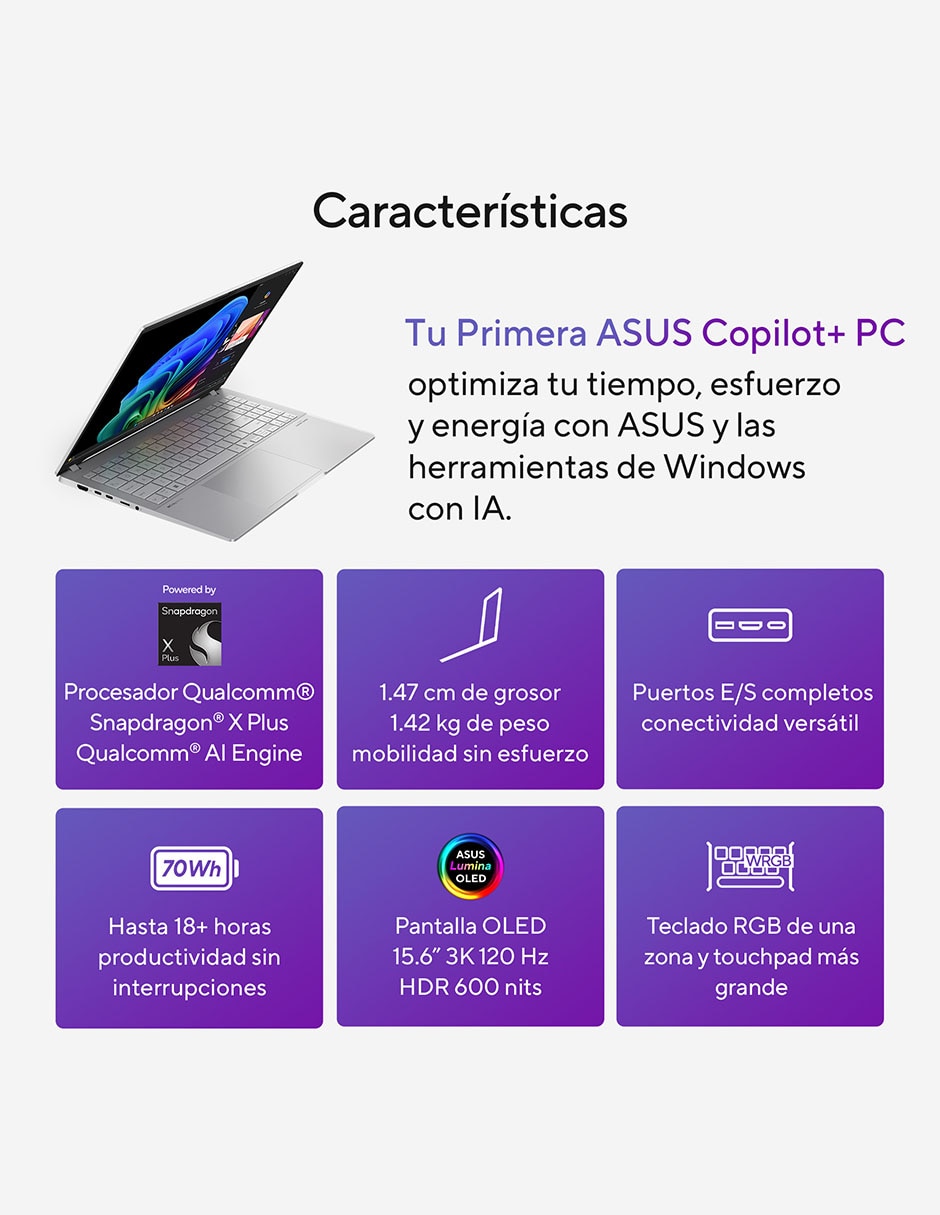 Laptop thin & light Vivobook S 15 OLED 15.6 pulgadas 3K Qualcomm Adreno 16 GB RAM 512 GB SSD 7