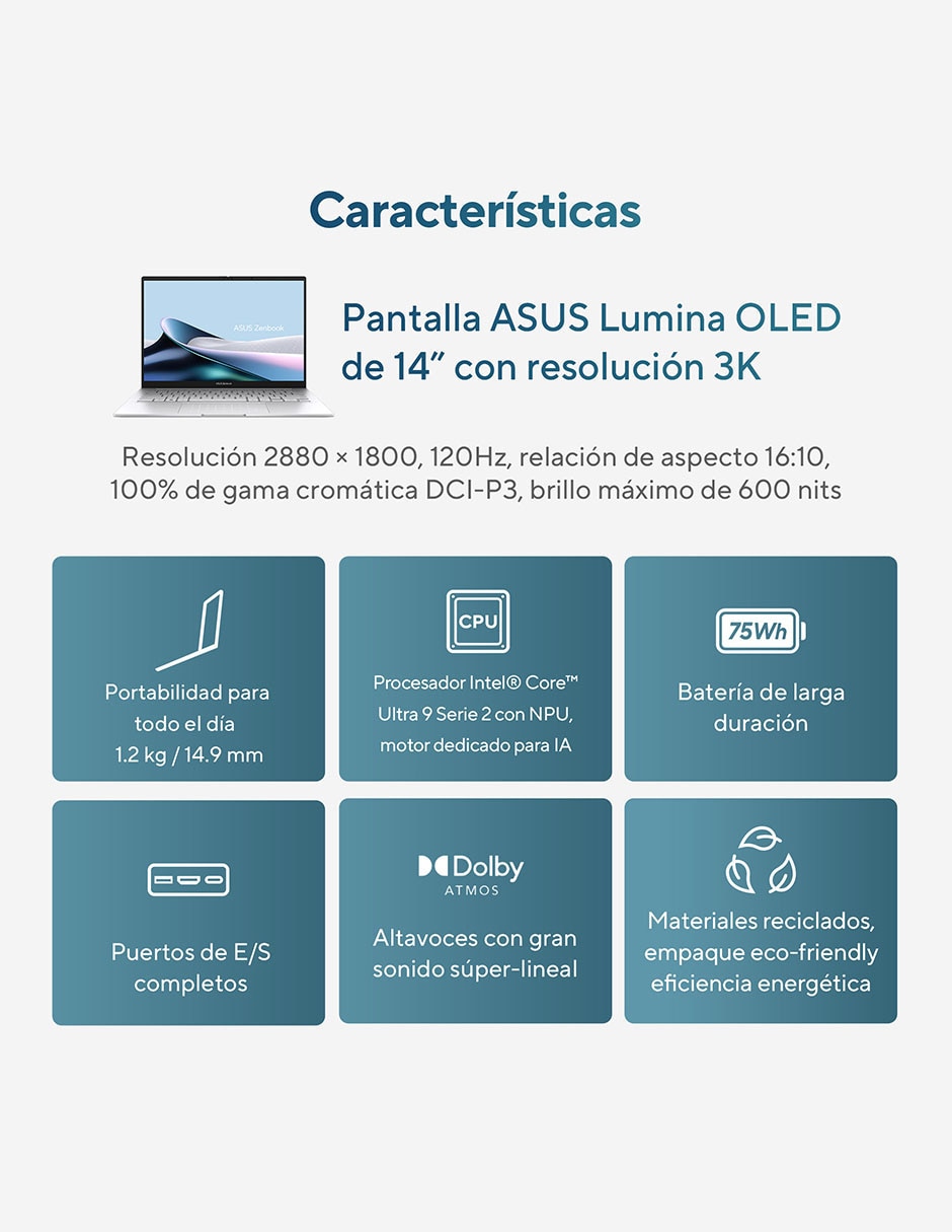 Laptop touch Zenbook 14 14 pulgadas WUXGA Intel Core Ultra 7 Intel Arc 16 GB RAM 512 GB SSD 7