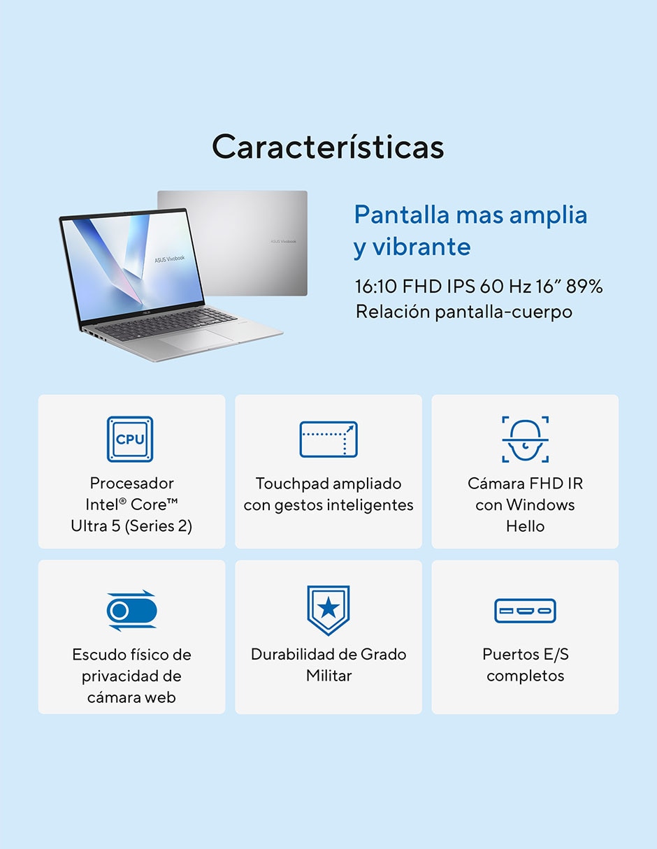 Laptop Vivobook 16 16 pulgadas WUXGA Intel Core Ultra 5 225 Integradas 16 GB RAM 512 GB SSD 11