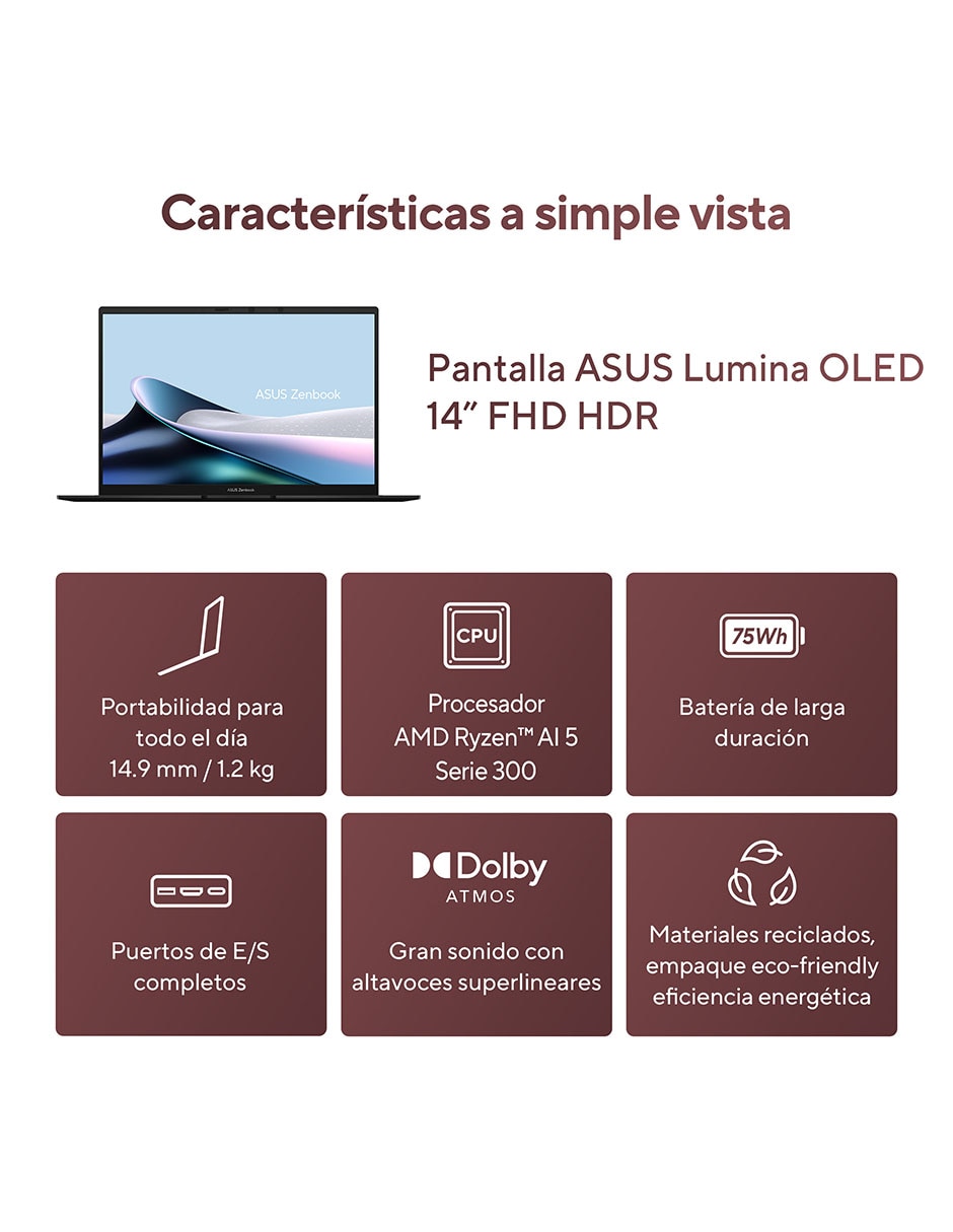 Laptop Zenbook 14 pulgadas WUXGA AMD Ryzen AI 5 340 AMD Radeon 16 GB RAM 512 GB SSD 3