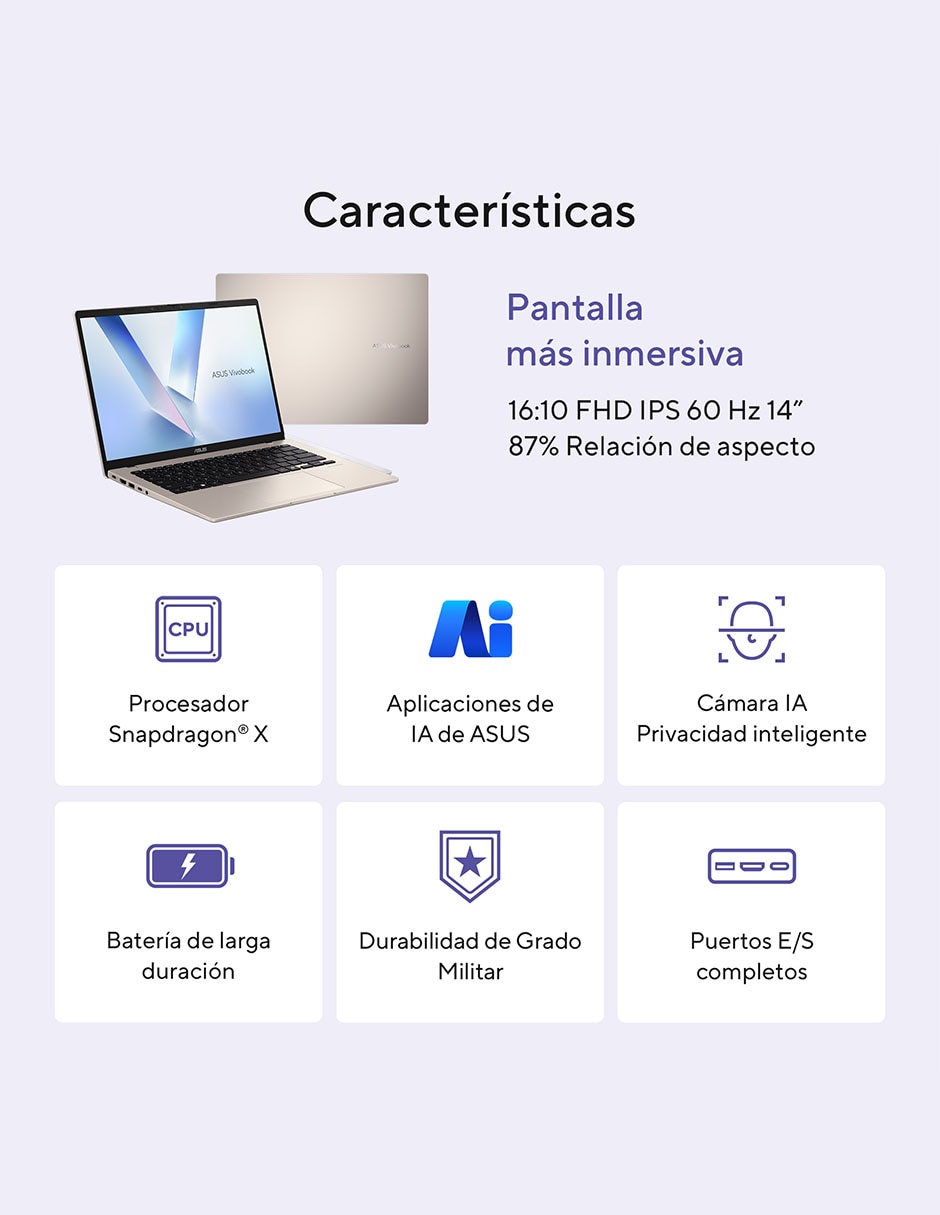 Laptop X1407QA-LY045W 14 pulgadas WUXGA Snapdragon X Qualcomm Adreno 16 GB RAM 512 GB SSD 11