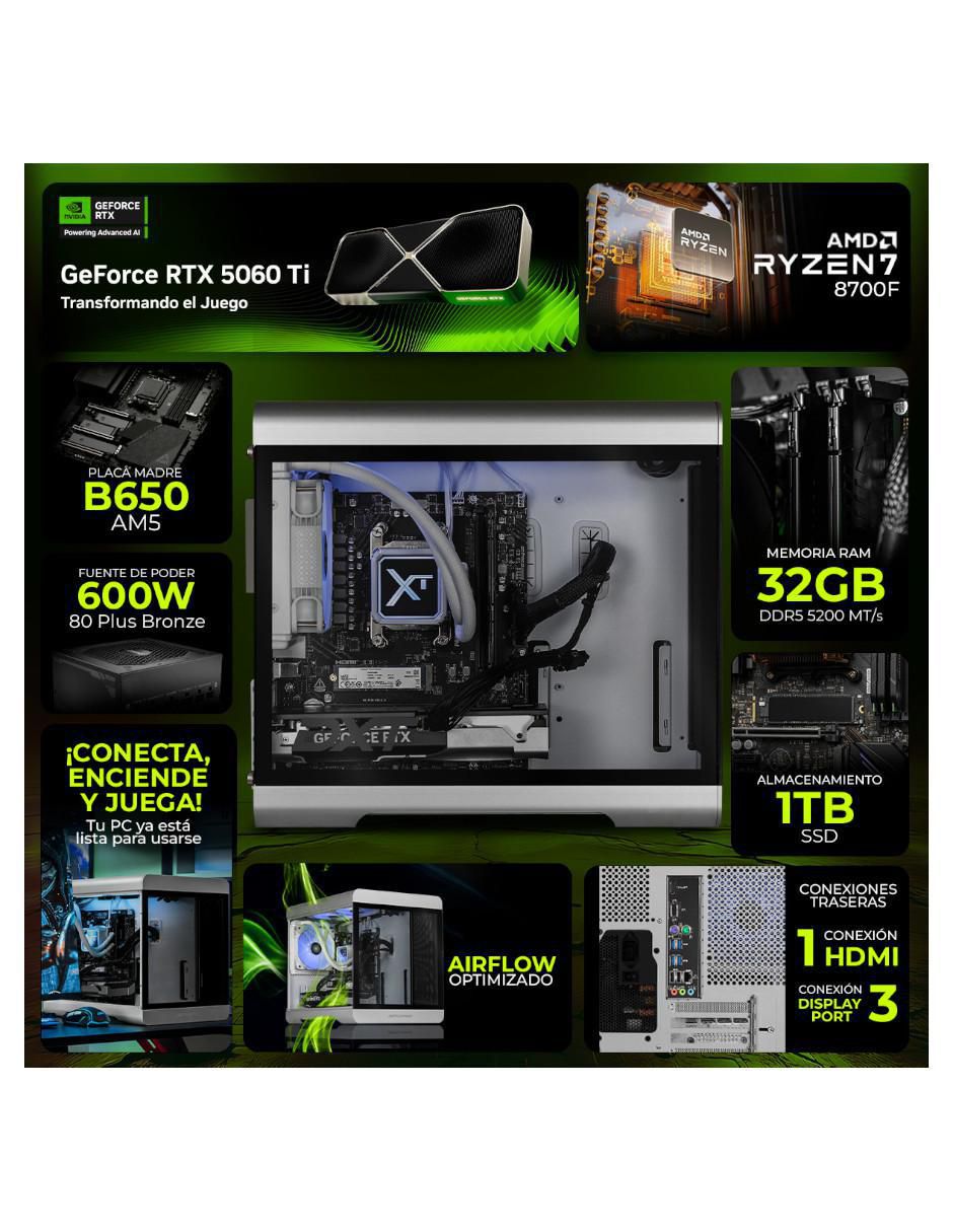 Computadora gamer DXTR732GB55060TIT6 AMD Ryzen 7 NVIDIA GeForce RTX 5060 Ti 32 GB RAM 1 TB SSD 6