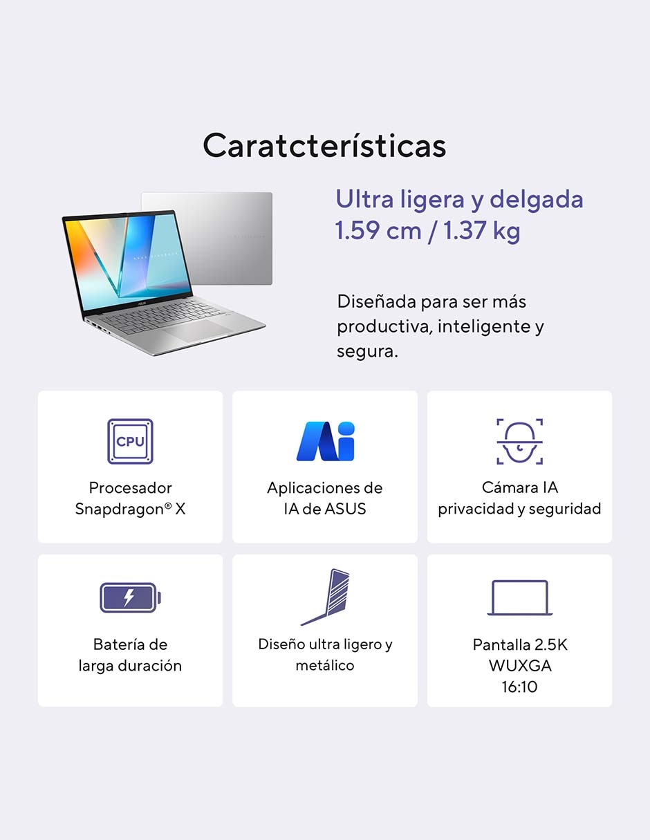 Laptop thin & light Vivobook S14 14 pulgadas WQXGA Snapdragon X Qualcomm Adreno 16 GB RAM 512 GB SSD 2