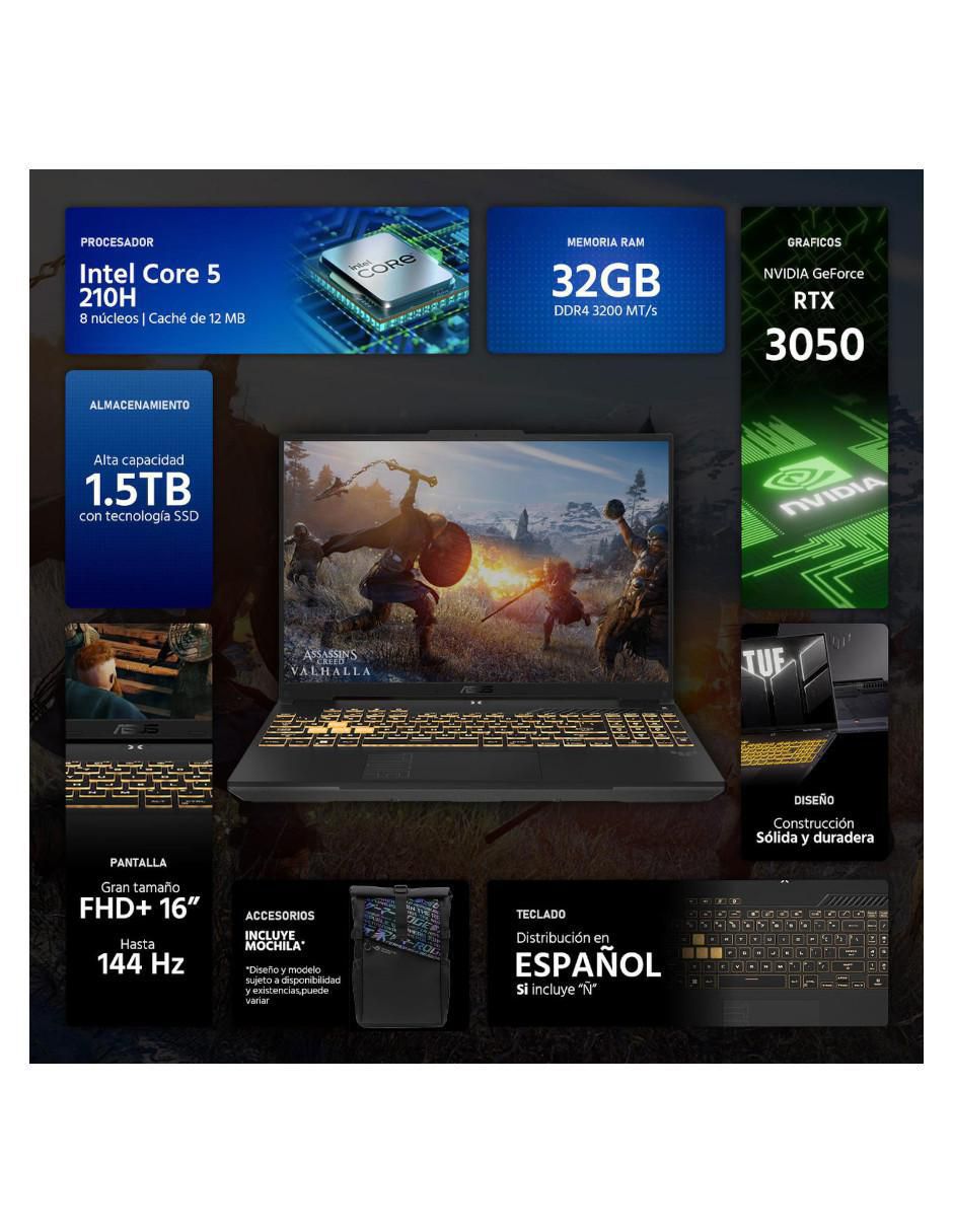 Laptop gamer TUF Gaming F16 16 pulgadas full hd+ intel core 5 210h nvidia geforce rtx 3050 32 gb ram 1.5 tb ssd 3