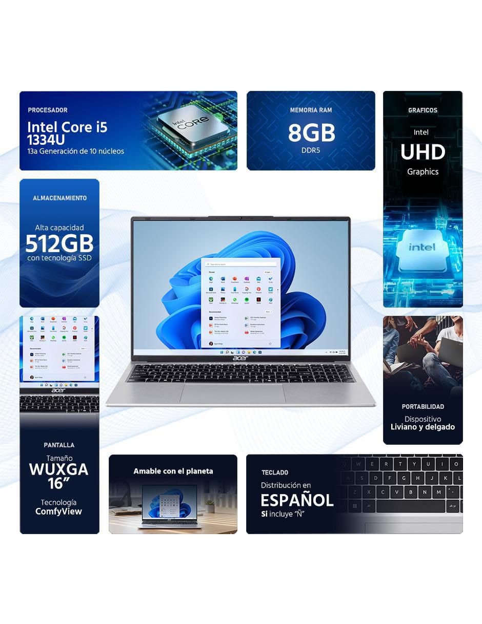 Laptop Aspire Lite 16 16 pulgadas Wuxga Intel Core i5 Intel Uhd 8 GB Ram 512 GB SSD 4
