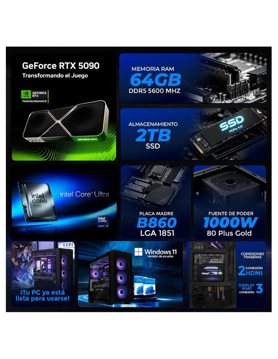 Computadora gamer XTPBAU964GB55090MA21B 27 pulgadas QHD Intel core ultra 9 285k NVIDIA GeForce RTX 5090 64 GB RAM 2 TB SSD 5