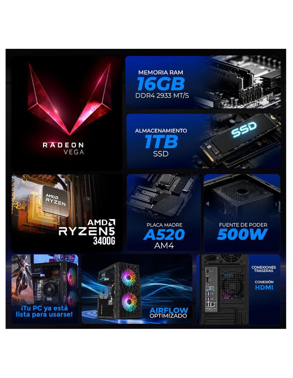 Computadora gamer XTPCR516GBVEGA11MFB 23.8 pulgadas Full HD AMD Ryzen 5 AMD Radeon Vega 11 16 GB RAM 1 TB SSD 12
