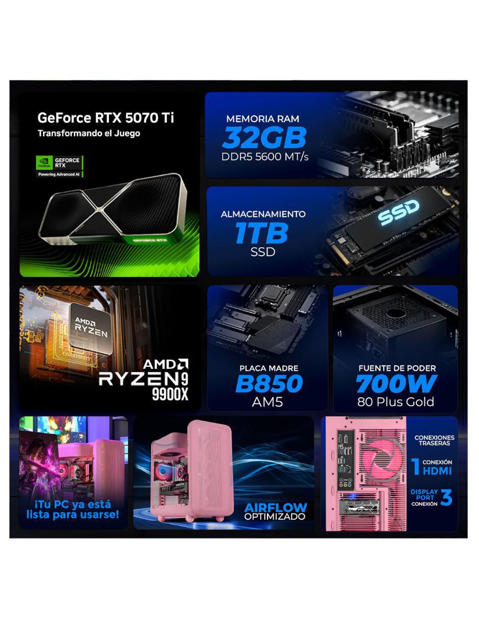 Computadora gamer XTHYR932GB55070TISM
AMD Ryzen 9 Nvidia GeForce RTX 5070 TI 32 GB Ram 1 TB SSD 5