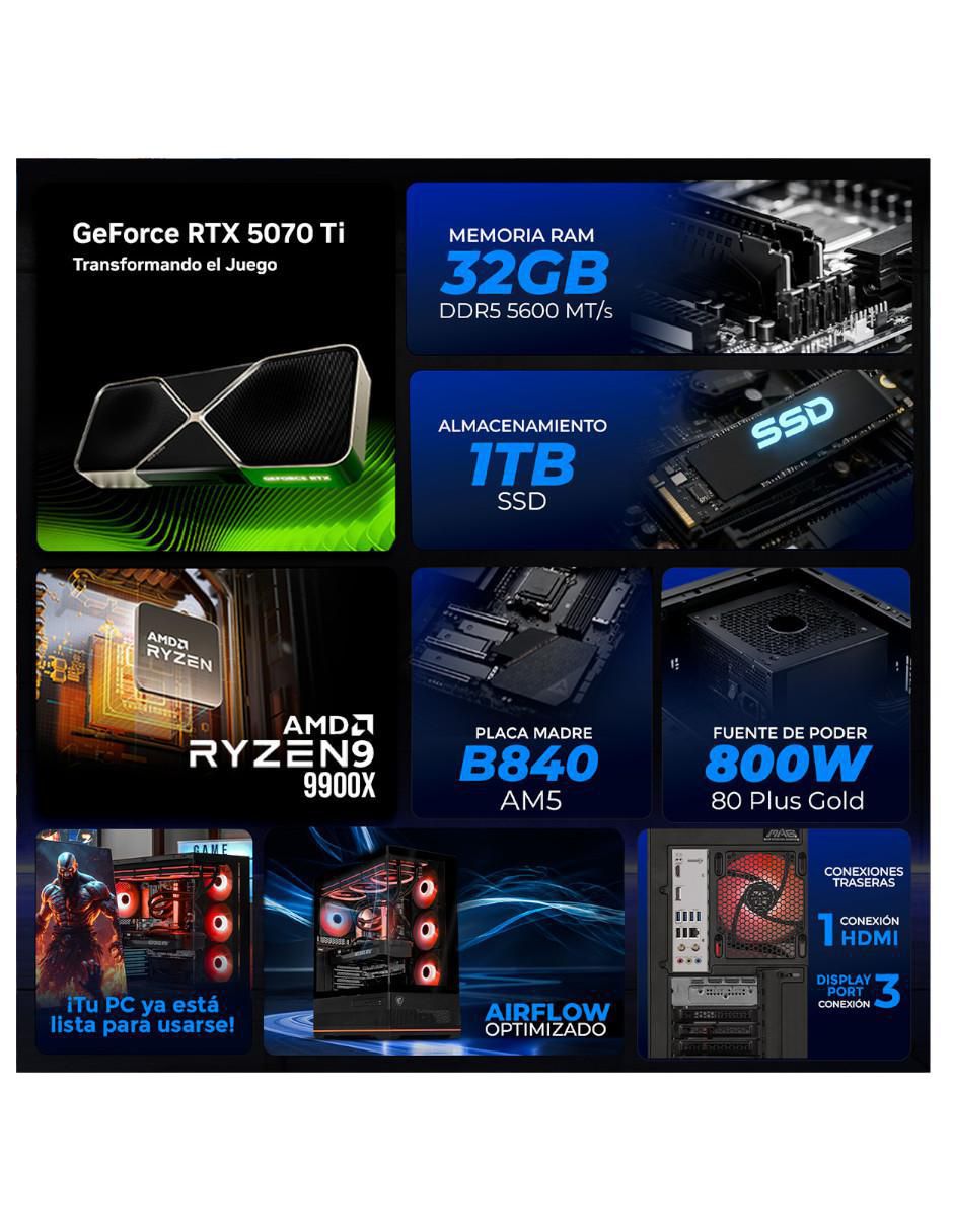 Computadora gamer XTMSIR932GB55070TI110R AMD Ryzen 9 NVIDIA GeForce RTX 5070 TI 32 GB RAM 1 TB SSD 5