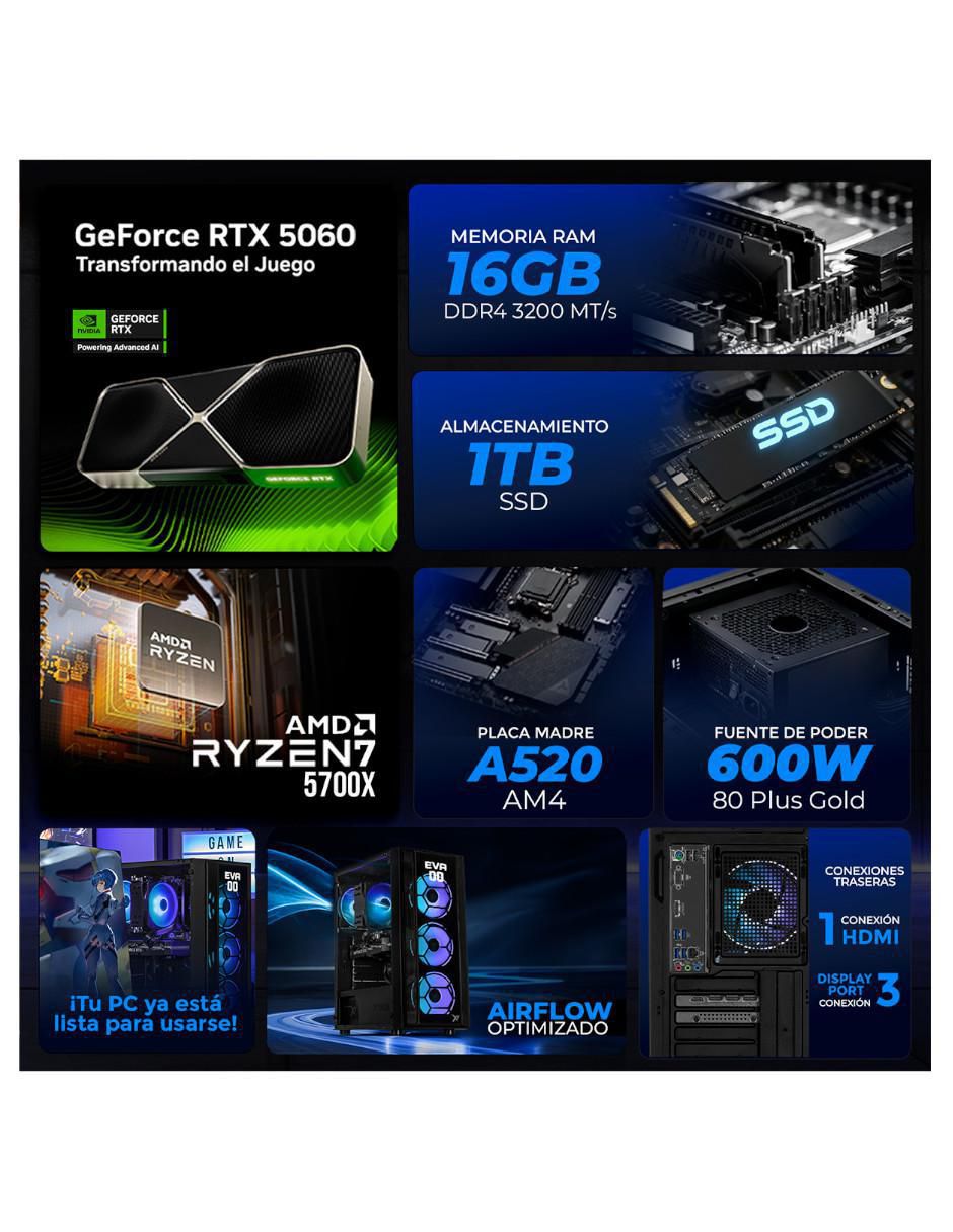 Computadora gamer XTPCR716GB5060EVA00 AMD Ryzen 7 NVIDIA GeForce RTX 5060 16 GB RAM 1 TB SSD 8