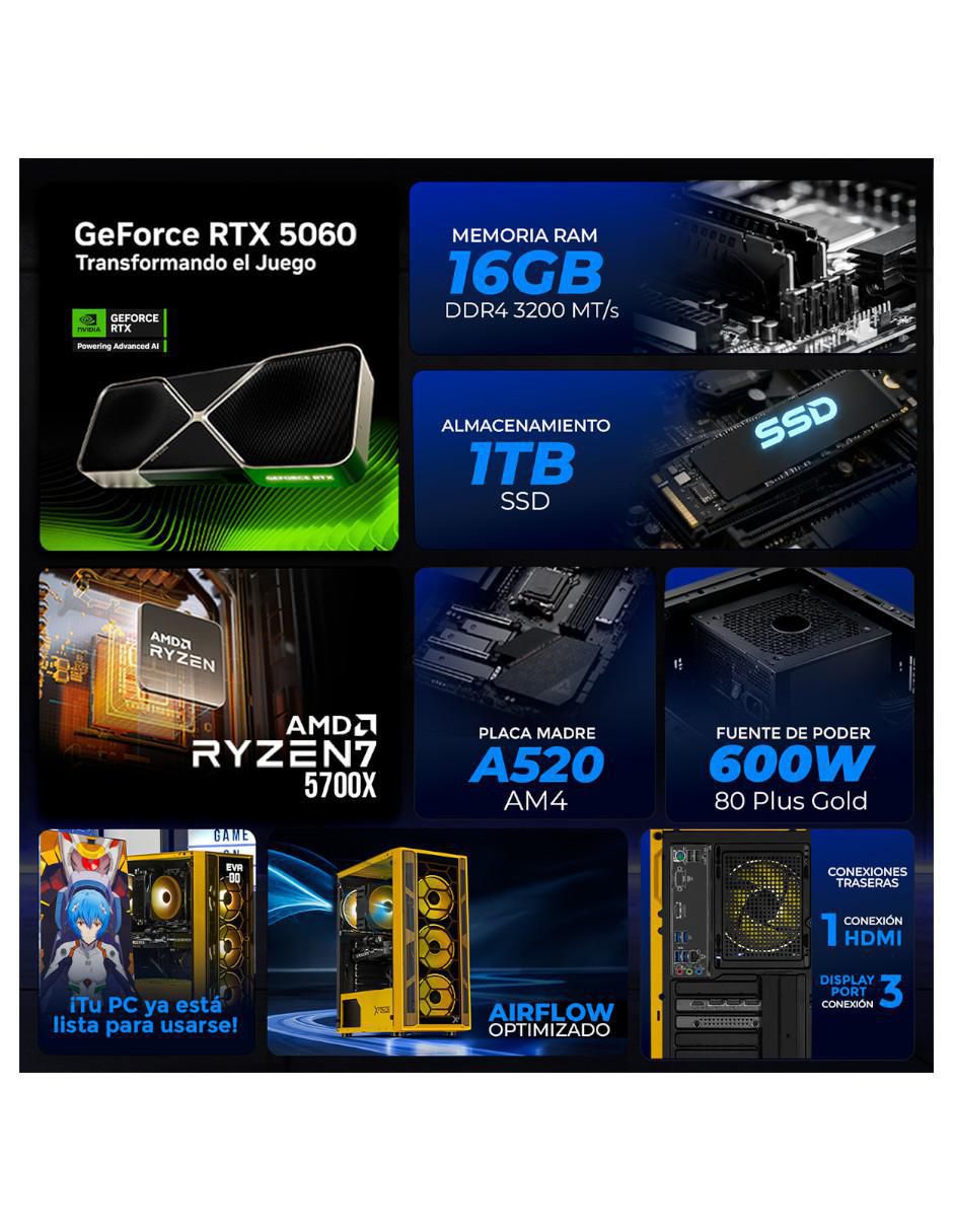 Computadora gamer XTPCR716GB5060EVA00Y Amd Ryzen 7 NVIDIA GeForce RTX 5060 16 GB RAM 1 TB SSD 6