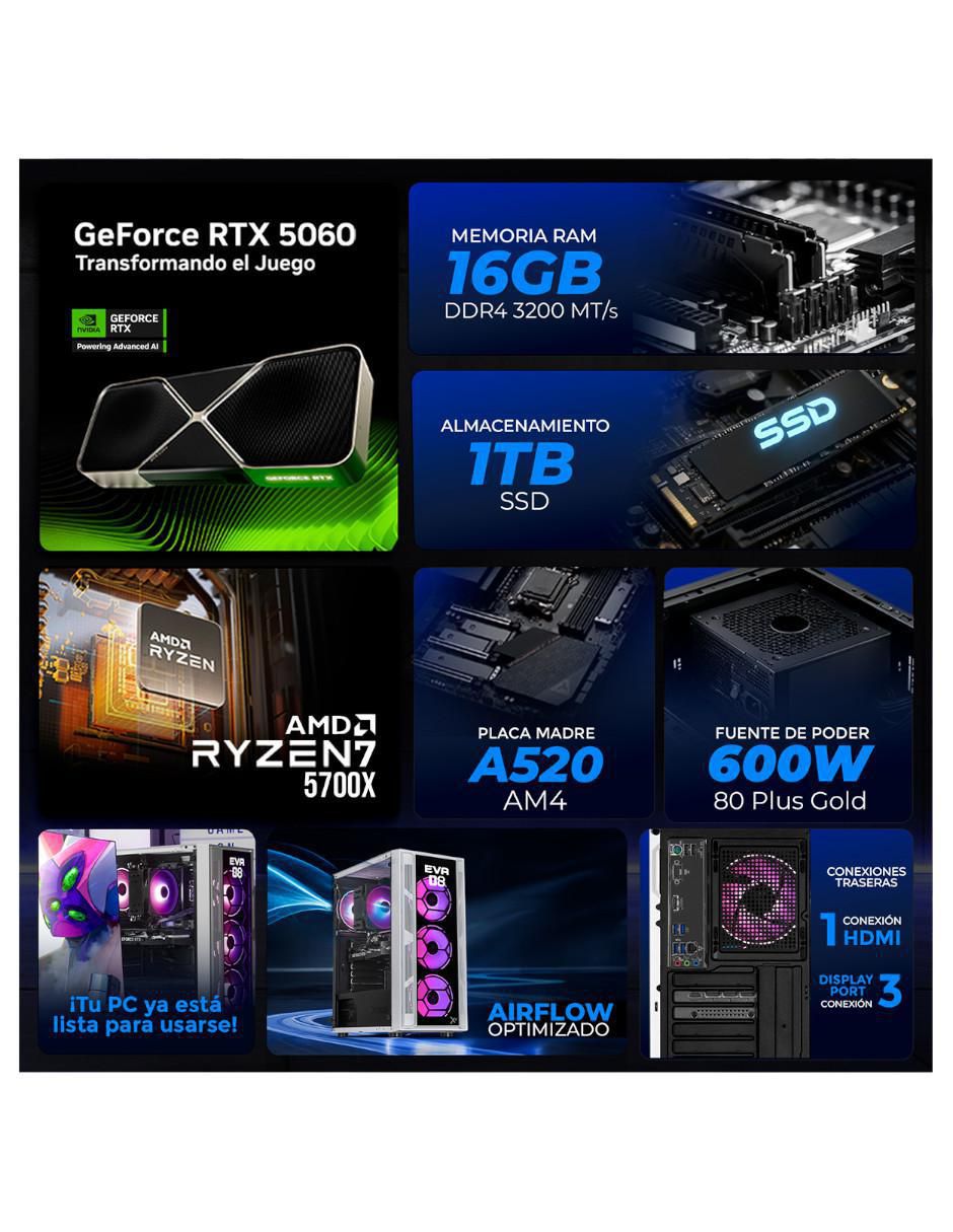 Computadora gamer XTPCR716GB5060EVA08 AMD Ryzen 7 NVIDIA GeForce RTX 5060 16 GB RAM 1 TB SSD 6