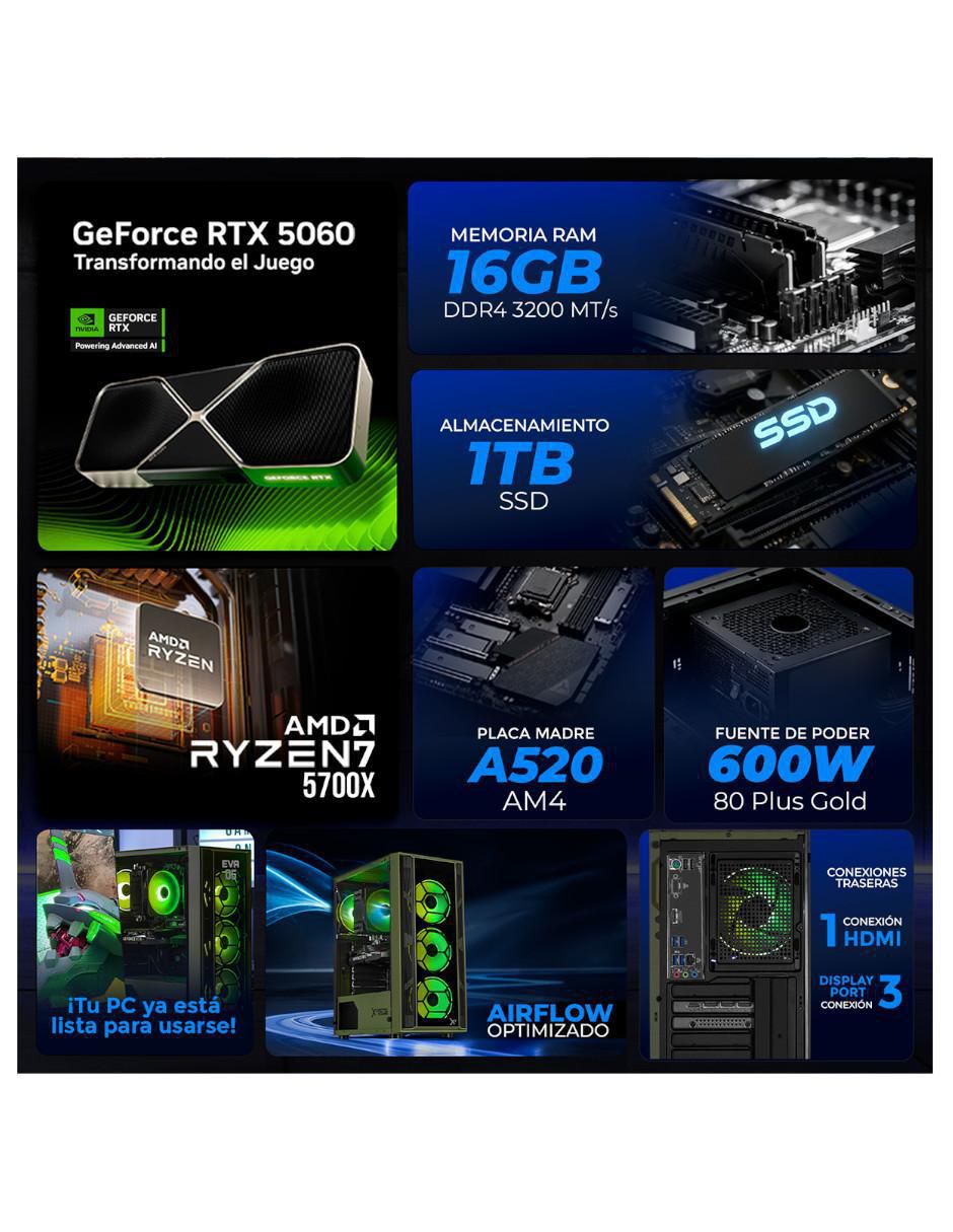 Computadora gamer XTPCR716GB5060EVA05 AMD Ryzen 7 NVIDIA GeForce RTX 5060 16 GB RAM 1 TB SSD 6