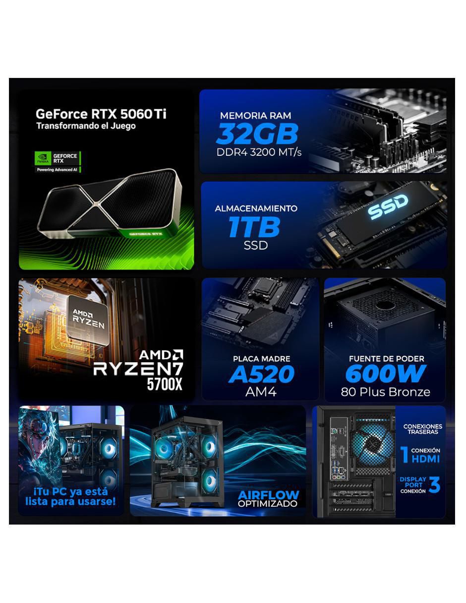 Computadora gamer XTPCR732GB5060TICHG AMD Ryzen 7 NVIDIA GeForce RTX 5060 Ti 32 GB Ram 1 TB SSD 13