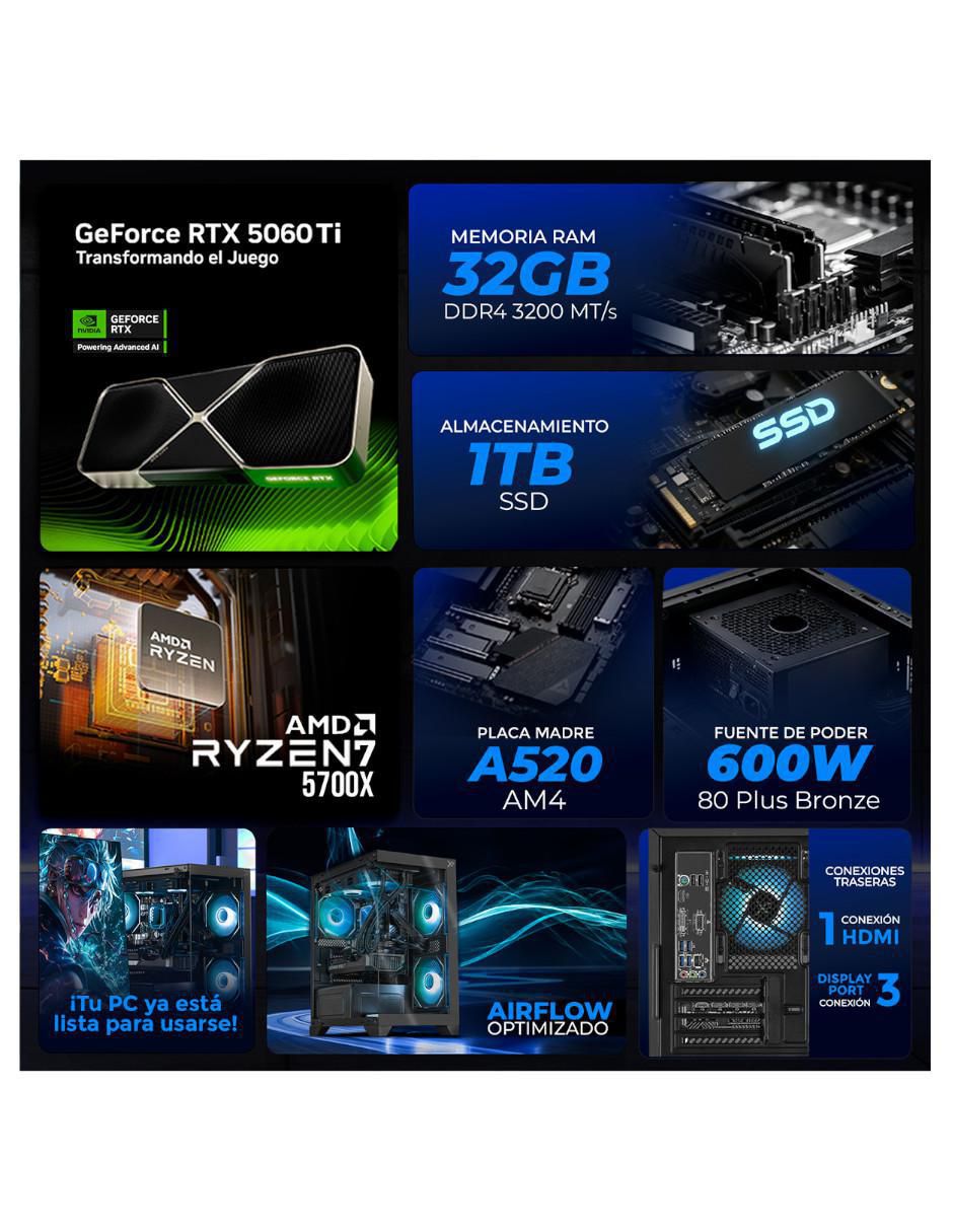 Computadora Gamer Xtpcr732gb5060timchg 27 Pulgadas FULL HD AMD Ryzen 7 Nvidia Geforce Rtx 5060 Ti 32 GB RAM 1 TB SSD 5