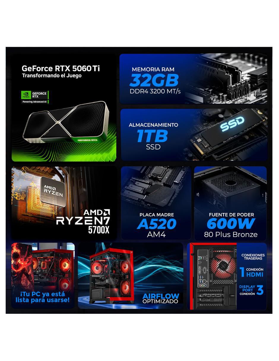 Computadora gamer XTPCR732GB5060TICHR AMD Ryzen 7 NVIDIA GeForce RTX 5060 Ti 32 GB RAM 1 TB SSD 5